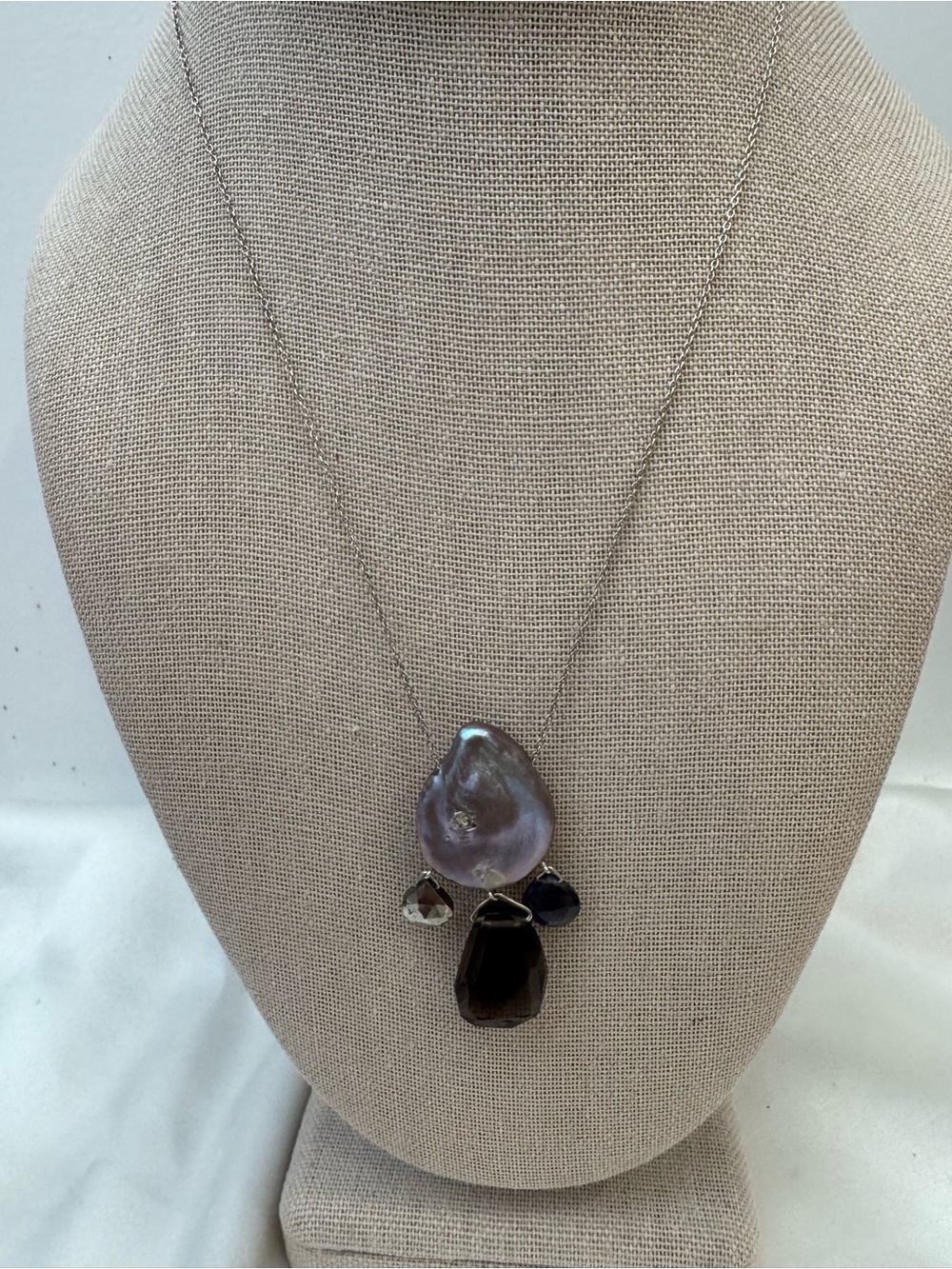 Authentic Chan Luu 925 Sterling Baroque Pearl Smoky Quartz Pendant Necklace